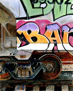 Graffiti on Train - Detail of rail car along the siding, Redding, California