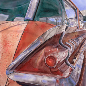 Heading Out the Mother Road - watercolor painting of '59 Mercury Wagon, on Route 66, Hackberry, Arizona