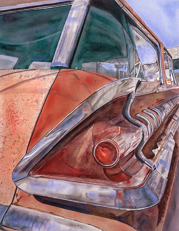 Heading Out the Mother Road - watercolor painting of '59 Mercury Wagon, on Route 66, Hackberry, Arizona