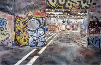 Abandoned warehouse along the shore of the Salton Sea near Niland, California